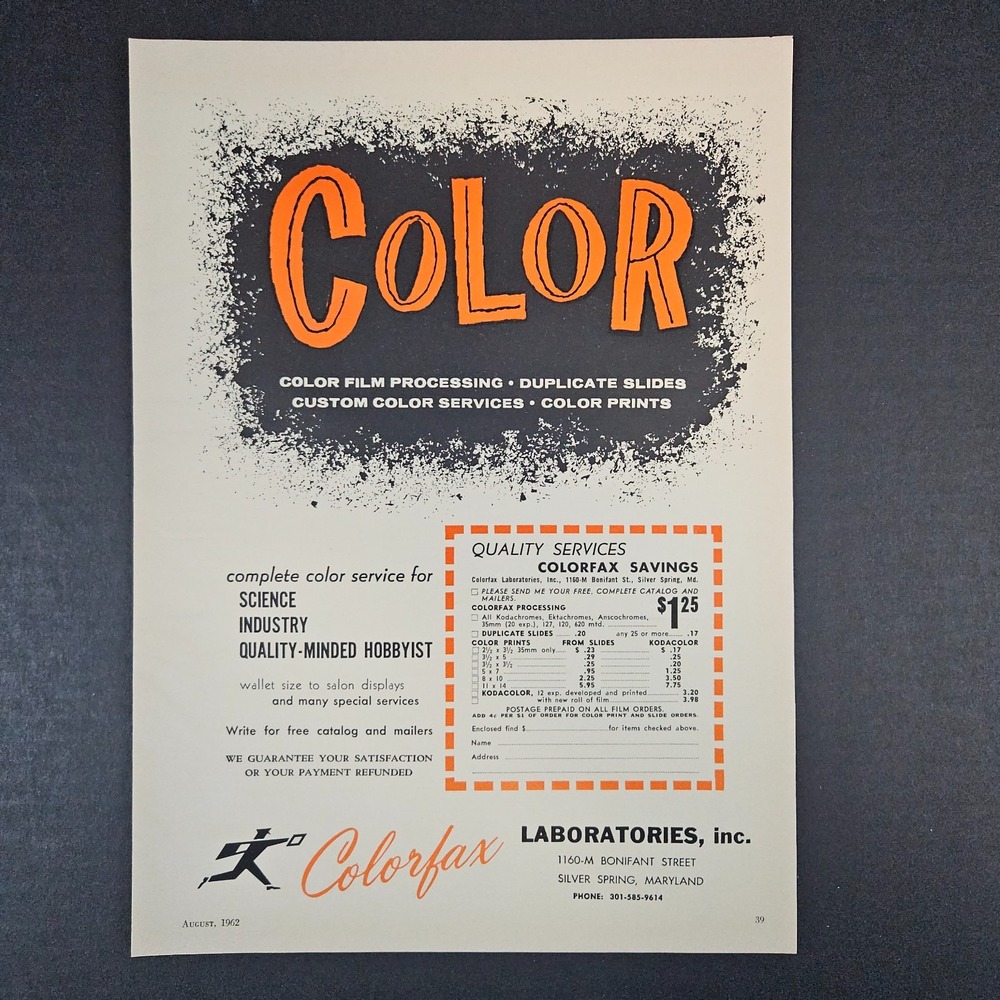 1962 Colorfax Laboratories Film Processing Vintage Print Ad Silver Spring MD